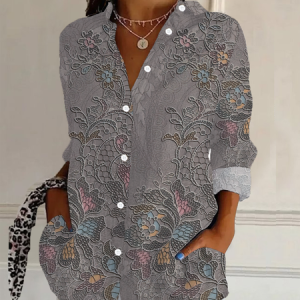 Women's Floral Long Sleeve Shirt Spring/Fall Buckle Shirt Collar Daily Casual Top, JustFashionNow Shirts, color:Gray|size:XXL,
