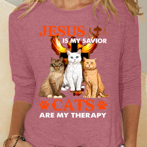 Jesus Is My Savior Cats Are My Therapy Casual Long Sleeve Shirt, Long sleeves, Lilicloth.com