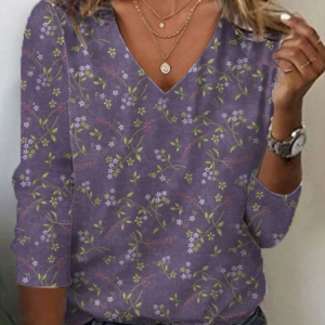 Women's Floral Spring Print Casual V-Neck Long Sleeve T-Shirt, Long sleeves, Lilicloth.com