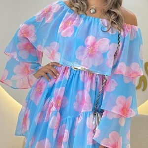Floral Print Off the Shoulder Ruffles Mini Dress Casual Long Sleeve A Line Flowy Dress, women Print Dresses, ChicMe catalog