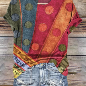 Crew Neck Geometric Vintage Cotton T-Shirt, T-shirts, Lilicloth.com