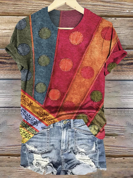 Crew Neck Geometric Vintage Cotton T-Shirt, T-shirts, Lilicloth.com