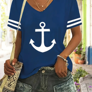 Women's Anchor Short Sleeve Tee T-shirt V Neck Printing Casual Summer Graphic Tee Top, JustFashionNow T-Shirts, color:Purplish Blue|size:XXL,