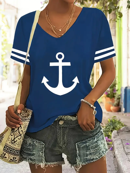 Women's Anchor Short Sleeve Tee T-shirt V Neck Printing Casual Summer Graphic Tee Top, JustFashionNow T-Shirts, color:Purplish Blue|size:XXL,