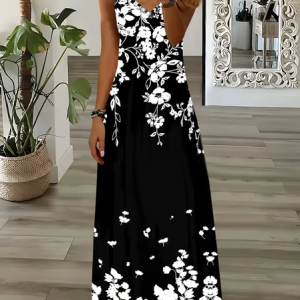 Women Floral Sleeveless Summer Printing Dress V Neck Daily Casual Maxi Slip Dress X-Line Dress, JustFashionNow Casual Dresses, color:Black|size:5XL,