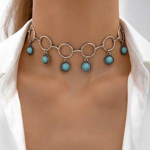 Amazon cross-border jewelry retro ethnic style creative design hollow carved turquoise necklace clavicle chain for women, JustFashionNow Necklaces, color:Color4,