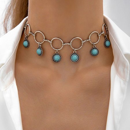 Amazon cross-border jewelry retro ethnic style creative design hollow carved turquoise necklace clavicle chain for women, JustFashionNow Necklaces, color:Color4,