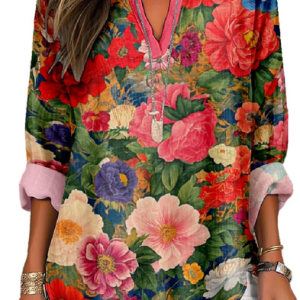 Women's Artistic Floral Print Elegant Resort V-Neck Shirt, Blouses, Lilicloth.com