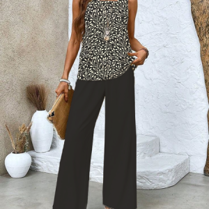 Women Floral Crew Neck Sleeveless Comfy Casual Printing Top With Pants Two-Piece Set, Sets, color:Black|size:XXL, catalog Noracora shop