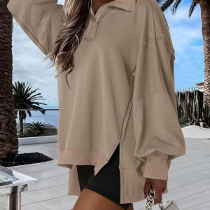 Half Snap Button Front Drop Shoulder Batwing Sleeve Sweatshirt Loose Fit Side Slit High-Low Hem Casual Top, women Sweats & Hoodies, ChicMe catalog