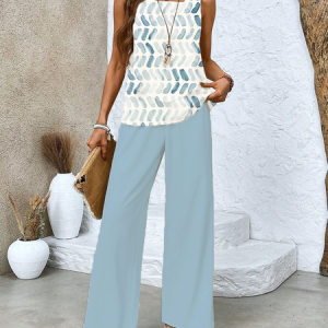 Women's Geometric Printing Two-Piece Set Daily Sleeveless Casual Summer Top With Pants Matching Set, JustFashionNow Suit Set, color:Blue|size:XXL,