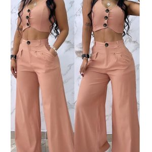 Buttoned Vest Coat & Wide Leg Pants Set, women Two-piece Sets, ChicMe catalog