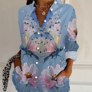 Women's Long Sleeve Shirt Spring/Fall Floral Buckle Shirt Collar Daily Going Out Casual Top, JustFashionNow Shirts, color:Blue|size:3XL,