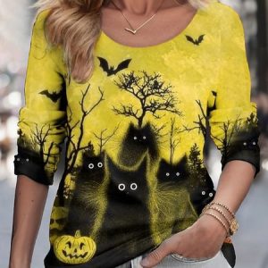 Halloween Black Cat Funny T-Shirt, JustFashionNow T-Shirts, color:Yellow|size:XXL,