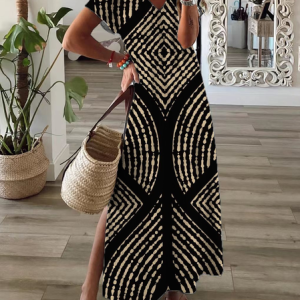 Women Geometric Short Sleeve Summer Printing Dress V Neck Daily Casual Maxi X-Line Dress, JustFashionNow Casual Dresses, color:Black|size:3XL,