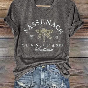 Women's Sassenach Est.1743 Clan Fraser Outlander Printed V-Neck T-Shirt, T-shirts, Lilicloth.com