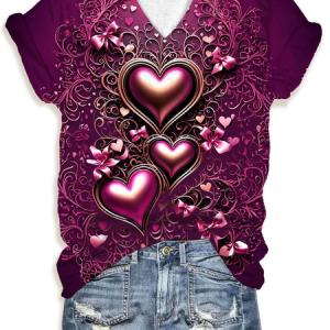 Women's Short Sleeve Tee T-shirt Summer Floral Printing V Neck Casual Top Graphic Tee, JustFashionNow T-Shirts, color:Purple|size:XXL,
