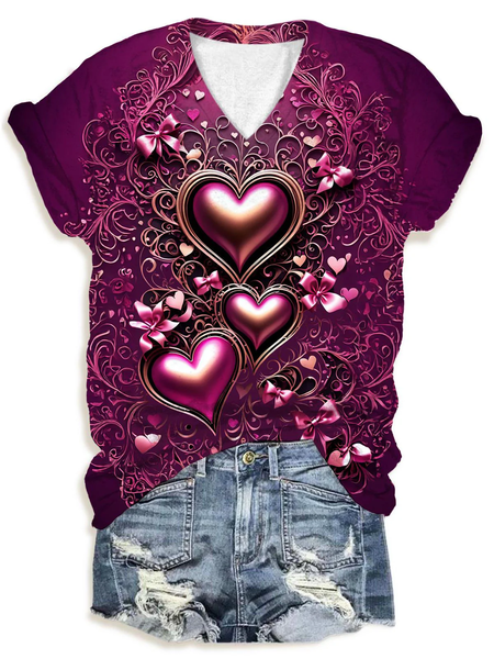 Women's Short Sleeve Tee T-shirt Summer Floral Printing V Neck Casual Top Graphic Tee, JustFashionNow T-Shirts, color:Purple|size:XXL,
