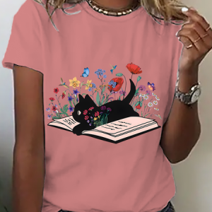 Cute Floral Cat Cotton T-Shirt, T-shirts, Lilicloth.com