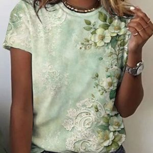 Vintage Floral Crew Neck Short Sleeve T-shirt, T-shirts, color:Green|size:4XL, catalog Noracora shop