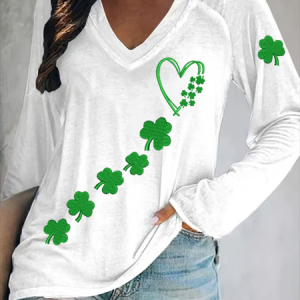 Women's Shamrock Long Sleeve Blouse Spring/Fall Printing V Neck Daily Casual Top, JustFashionNow T-Shirts, color:White|size:5XL
