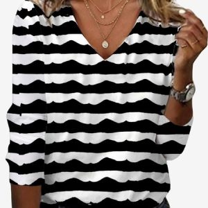 Women's Long Sleeve Tee T-shirt Spring/Fall Geometric Jersey V Neck Daily Going Out Casual Top, JustFashionNow T-Shirts, color:Black|size:XXL,