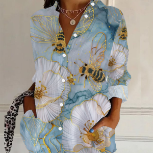 Shirt Collar Long Sleeve Floral Bee Pattern Buckle Regular Loose Shirt For Women, Shirts, color:As Picture|size:XXL, catalog Noracora shop