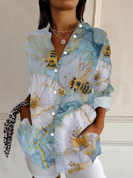 Women's Long Sleeve Shirt Spring/Fall As Picture Floral Buckle Shirt Collar Daily Going Out Casual Top, Blouses, Lilicloth.com - Image 5