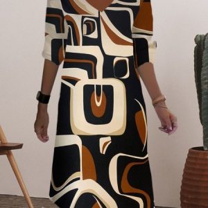 Women's Long Sleeve Summer Colorblock Jersey Dress V Neck Daily Going Out Casual Midi A-Line TUNIC, JustFashionNow Dresses, color:Khaki|size:XXL,