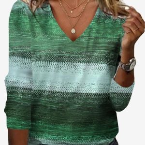 Women's Long Sleeve Tee T-shirt Spring/Fall Abstract Jersey V Neck Vacation Going Out Casual Top, JustFashionNow T-Shirts, color:Green|size:XXL,