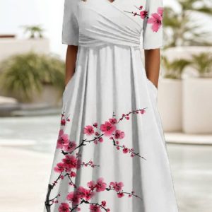 Women's Short Sleeve Summer Floral Dress V Neck Holiday Going Out Casual Maxi A-Line, JustFashionNow Dresses, color:White|size:XXL,