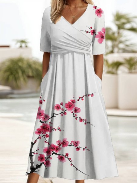 Women's Short Sleeve Summer Floral Dress V Neck Holiday Going Out Casual Maxi A-Line, JustFashionNow Dresses, color:White|size:XXL,