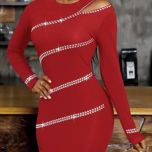 Rhinestone Decor Round Neck Long Sleeve Cutout Shoulder Bodycon Dress, women Bodycon Dresses, ChicMe catalog