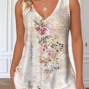 V Neck Loose Gradient Pattern Casual T-Shirt, Tank Tops, Lilicloth.com