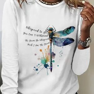 Casual Dragonfly Art Print Crew Neck Long Sleeve Comfy T-shirt, T-shirts, color:White|size:XXL, catalog Noracora shop