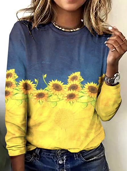 Women Floral Long Sleeve Tee T-shirt Crew Neck Casual Spring/Fall Top, JustFashionNow T-Shirts, color:Blue|size:4XL,