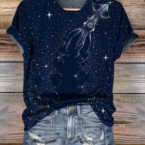 Women's Octopus Starry Sky Art Print Short Sleeve T-Shirt, T-shirts, Lilicloth.com