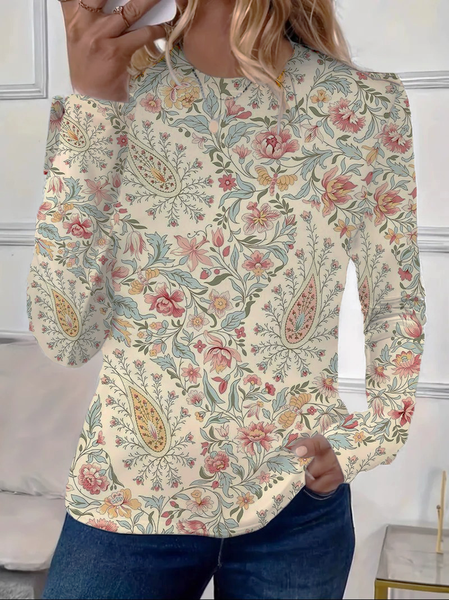 Women's Long Sleeve Tee T-shirt Spring/Fall Floral Printing Crew Neck Casual Graphic Tee Top, JustFashionNow T-Shirts, color:As Picture|size:XXL,