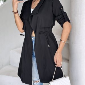 Drawstring Waist Roll Tap Sleeve Classic Trench Coat Lapel Overcoat Outerwear, women Jackets & Coats, ChicMe catalog