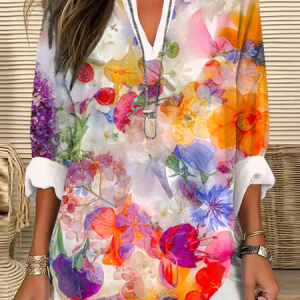 Casual Vacation V Neck Floral Print Loose Blouse For Women, Blouses, color:Purple|size:4XL, catalog Noracora shop