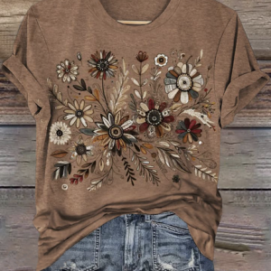 Casual Floral Crew Neck Short Sleeve T-shirt, T-shirts, color:Brown|size:4XL, catalog Noracora shop