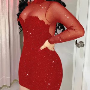 Plus Size Mock Neck Long Sleeve Sheer Mesh Backless Slim Fit Bodycon Party Mini Dress, women Bodycon Dresses, ChicMe catalog