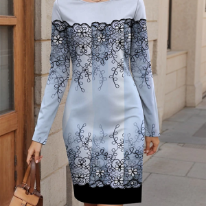Women's Long Sleeve Spring/Fall Plants Jersey Dress Floral Holiday Going Out Casual Mini H-Line T-Shirt Dress, JustFashionNow Dresses, color:Light Blue|size:XXL,