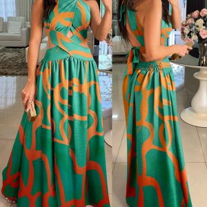 Abstract Print Criss Cross Halter Maxi Dress Casual Hollow Out Shirred Dress, women Maxi Dresses, ChicMe catalog