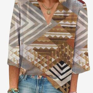 Women's Three Quarter Sleeve Blouse Spring/Fall Geometric V Neck Vacation Going Out Casual Top, JustFashionNow Blouses, color:Khaki|size:XXL,
