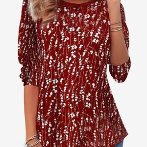 Women's Long Sleeve Tee T-shirt Spring/Fall Floral Jersey Crew Neck Daily Going Out Casual Top, JustFashionNow T-Shirts, color:Wine Red|size:XXL,