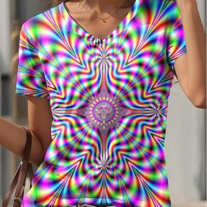 Women's Artistic Gradient Cool Stripe Print V-Neck T-Shirt, T-shirts, Lilicloth.com