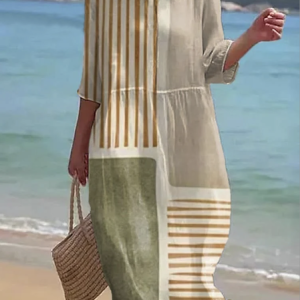 Women Geometric Half Sleeve Summer Dress Crew Neck Daily Casual Maxi A-Line Dress, JustFashionNow Dresses, color:Apricot|size:3XL,