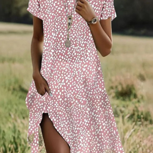 Women Polka Dots Short Sleeve Summer Printing Dress Crew Neck Daily Casual Mini Tunic H-Line Dress, JustFashionNow Casual Dresses, color:Pink|size:XXL,