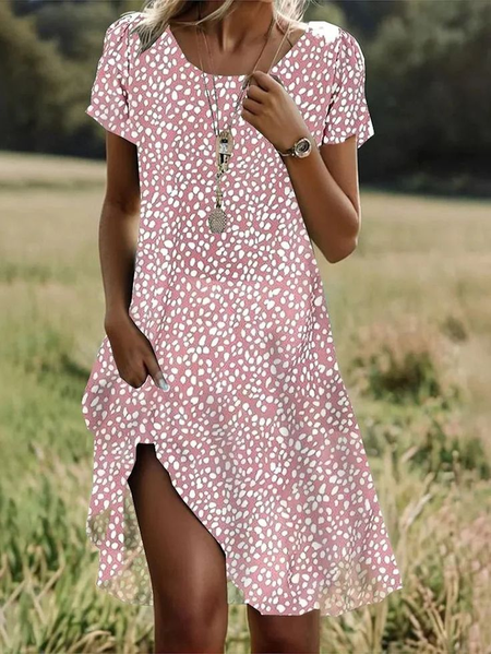 Women Polka Dots Short Sleeve Summer Printing Dress Crew Neck Daily Casual Mini Tunic H-Line Dress, JustFashionNow Casual Dresses, color:Pink|size:XXL,